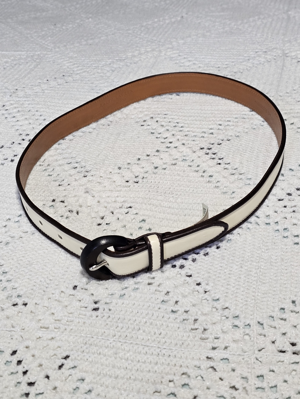 Ralph Lauren Cream Leather Belt with Dark Brown Trim NWT Made In Italy Size S